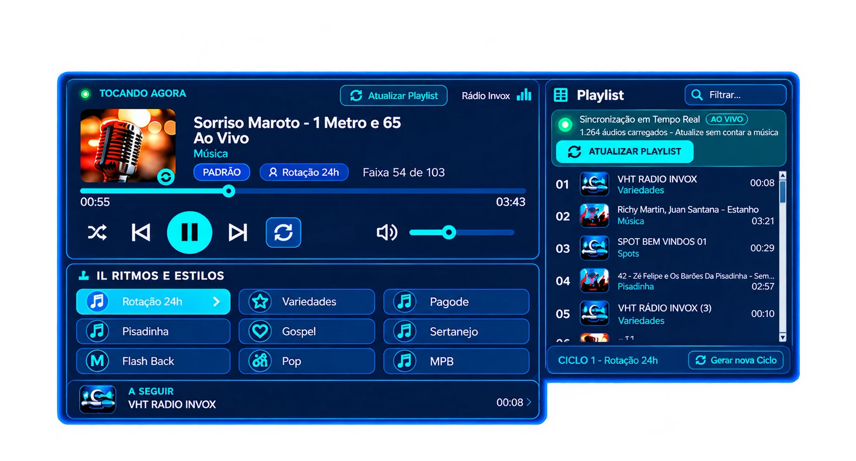 Player da Invox Mídia: tocando agora, ritmos e playlist