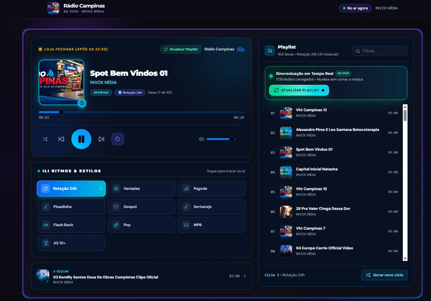 Player da Rádio Campinas com playlist e ritmos
